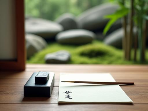 静かな庭園で書道の道具が置かれている様子